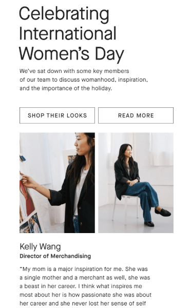 Celebrating international women's day email featuring images of inspirational female entrepreneurs and their outfits with CTAs to shop their look